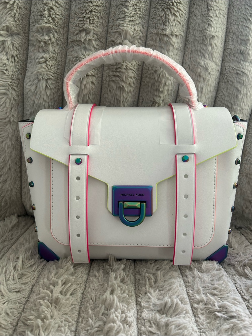 Michael Kors Manhattan Neon Rainbow Leather Satchel Optic White NWT
